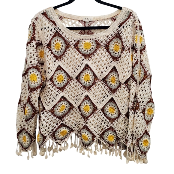POL Cream Neutral Boho Hippy Oversize Retro‎ Diamond Crochet Festival Fringe Top - Picture 5 of 11